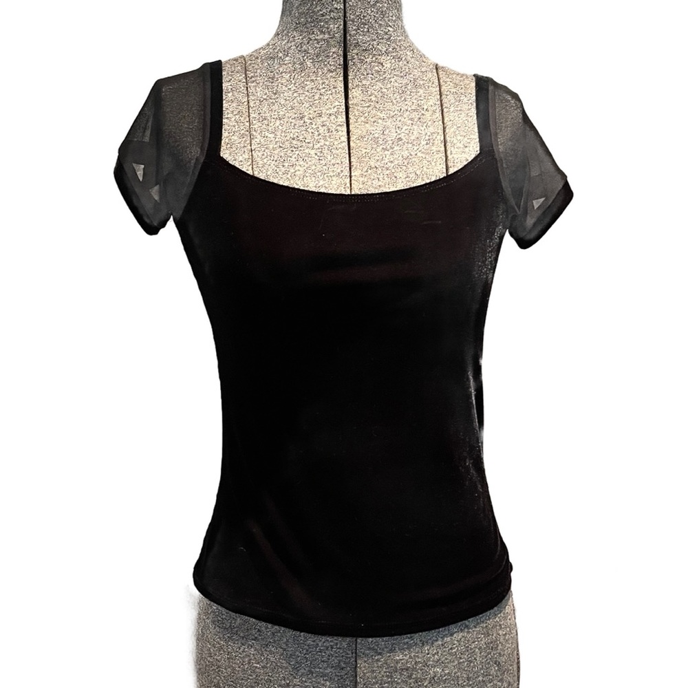 XS - Vol. 1 Black Velvet Square Neck Top w/Mesh Sleeves